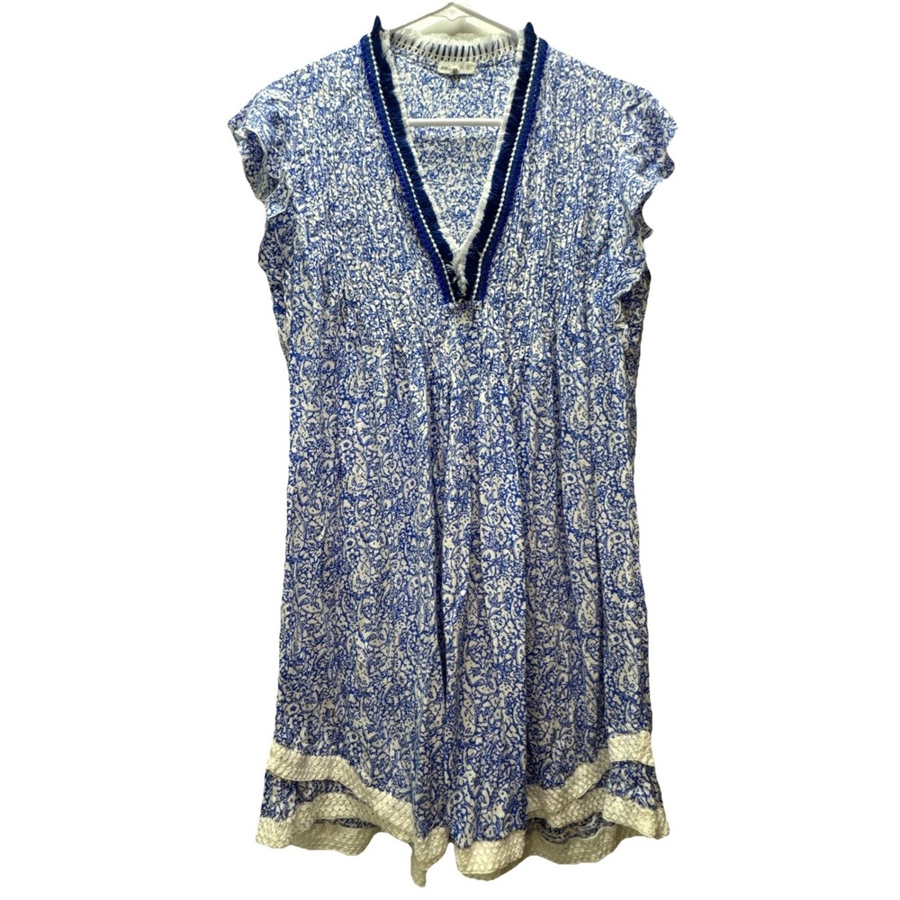 Poupette St Barth Sasha Mini Dress Women's Medium Blue White Floral Beach Airy
